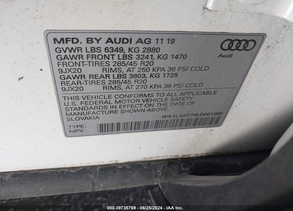 2020 AUDI Q7 PREMIUM PLUS 55 TFSI QUATTRO TIPTRONIC VIN: WA1LXAF76LD001860