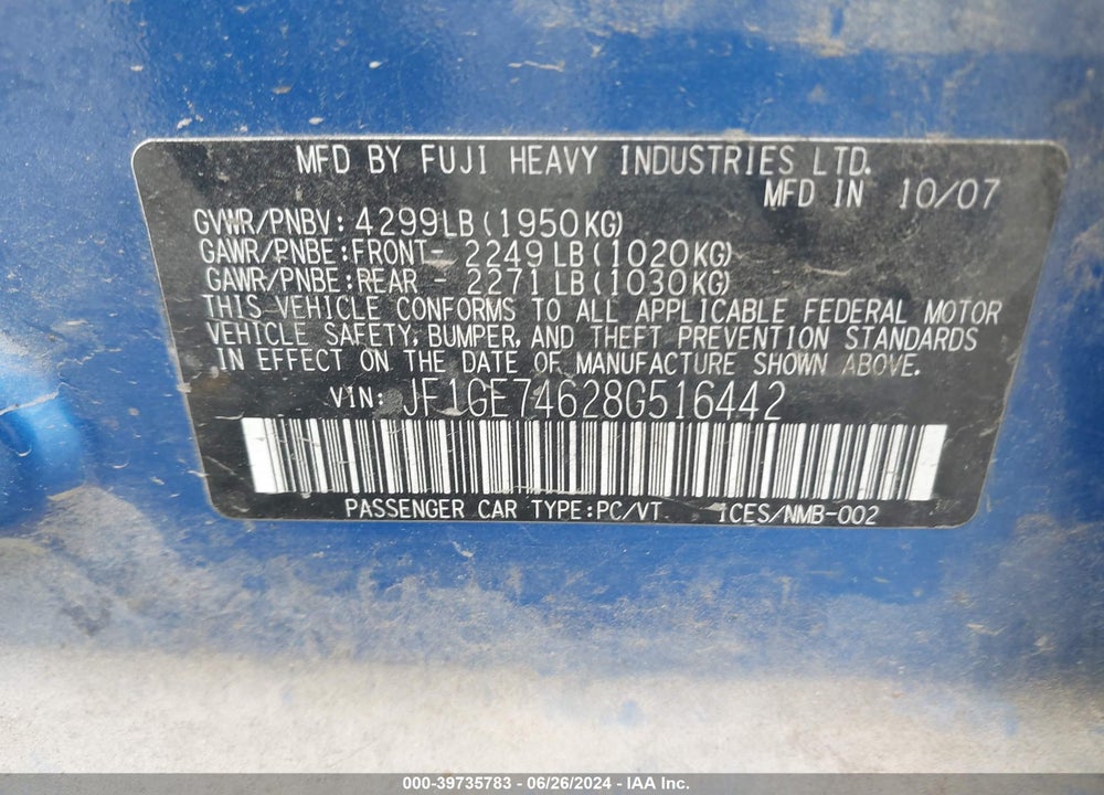 2008 SUBARU IMPREZA WRX VIN: JF1GE74628G516442