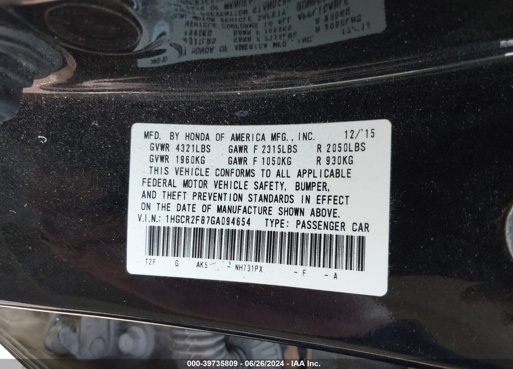 2016 HONDA ACCORD EX-L VIN: 1HGCR2F87GA094654