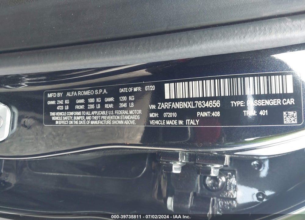 2020 ALFA ROMEO GIULIA TI SPORT AWD VIN: ZARFANBNXL7634656