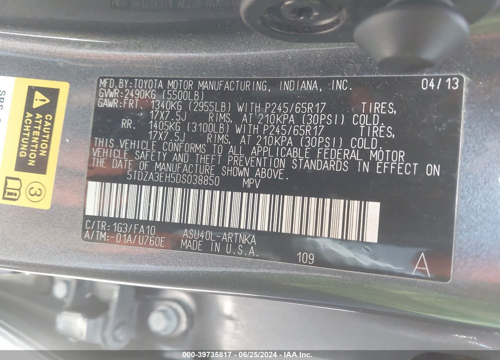 2013 TOYOTA HIGHLANDER BASE PLUS VIN: 5TDZA3EH5DS038850