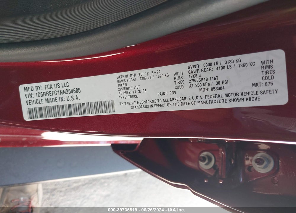 2022 RAM 1500 BIG HORN 4X2 5'7 BOX VIN: 1C6RREFG1NN364685