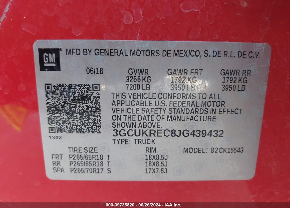 2018 CHEVROLET SILVERADO 1500 2LT VIN: 3GCUKREC8JG439432
