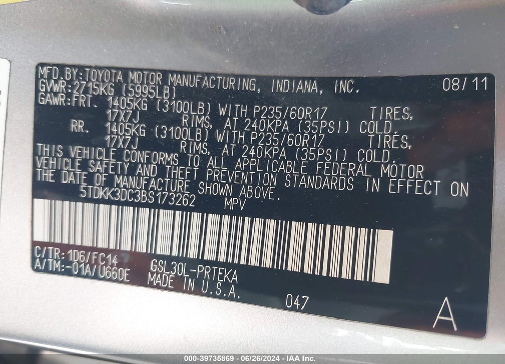 2011 TOYOTA SIENNA LE V6 VIN: 5TDKK3DC3BS173262