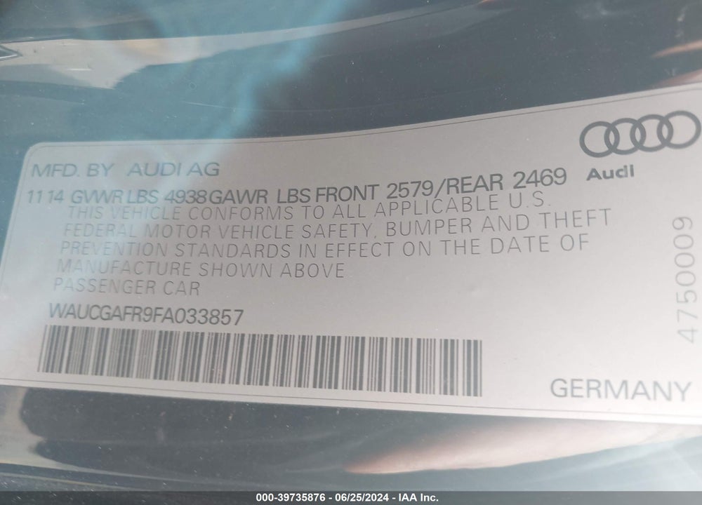 2015 AUDI S5 3.0T PREMIUM PLUS VIN: WAUCGAFR9FA033857