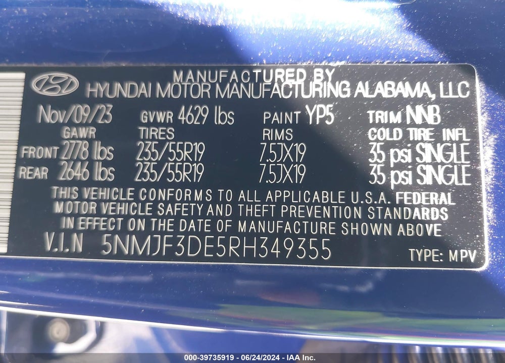 2024 HYUNDAI TUCSON SEL VIN: 5NMJF3DE5RH349355
