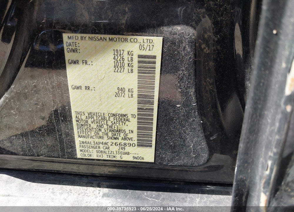 2017 NISSAN ALTIMA 2.5 SV VIN: 1N4AL3AP4HC266890