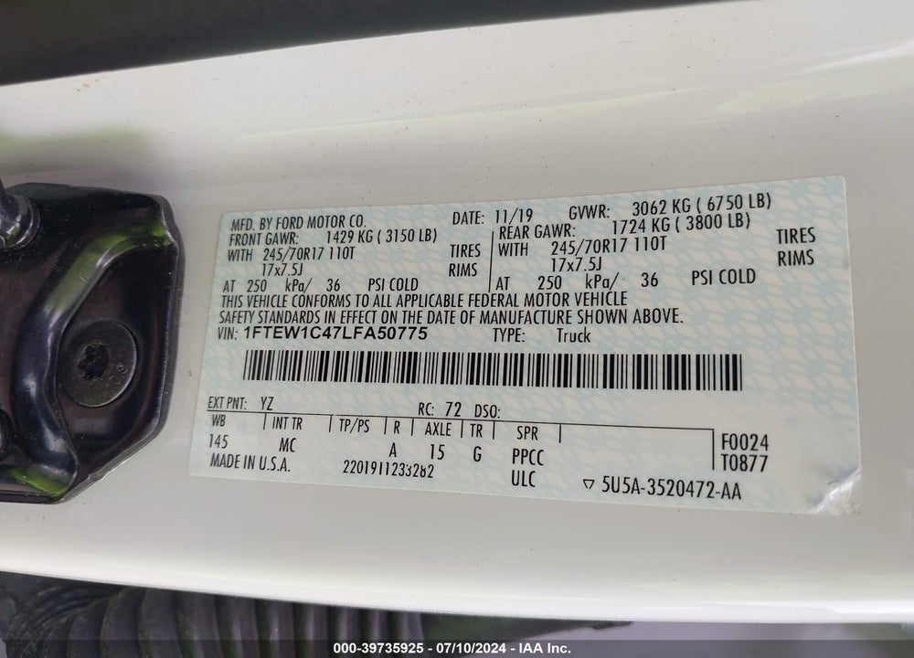 2020 FORD F-150 XLT VIN: 1FTEW1C47LFA50775
