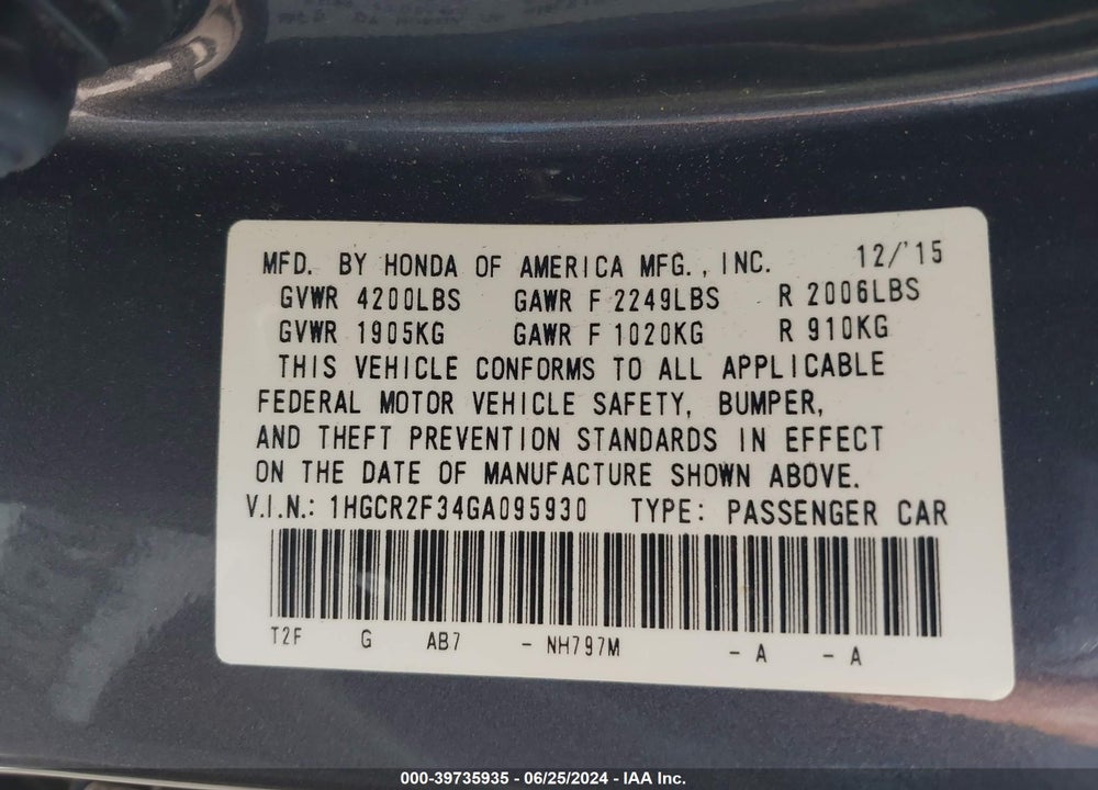 2016 HONDA ACCORD LX VIN: 1HGCR2F34GA095930