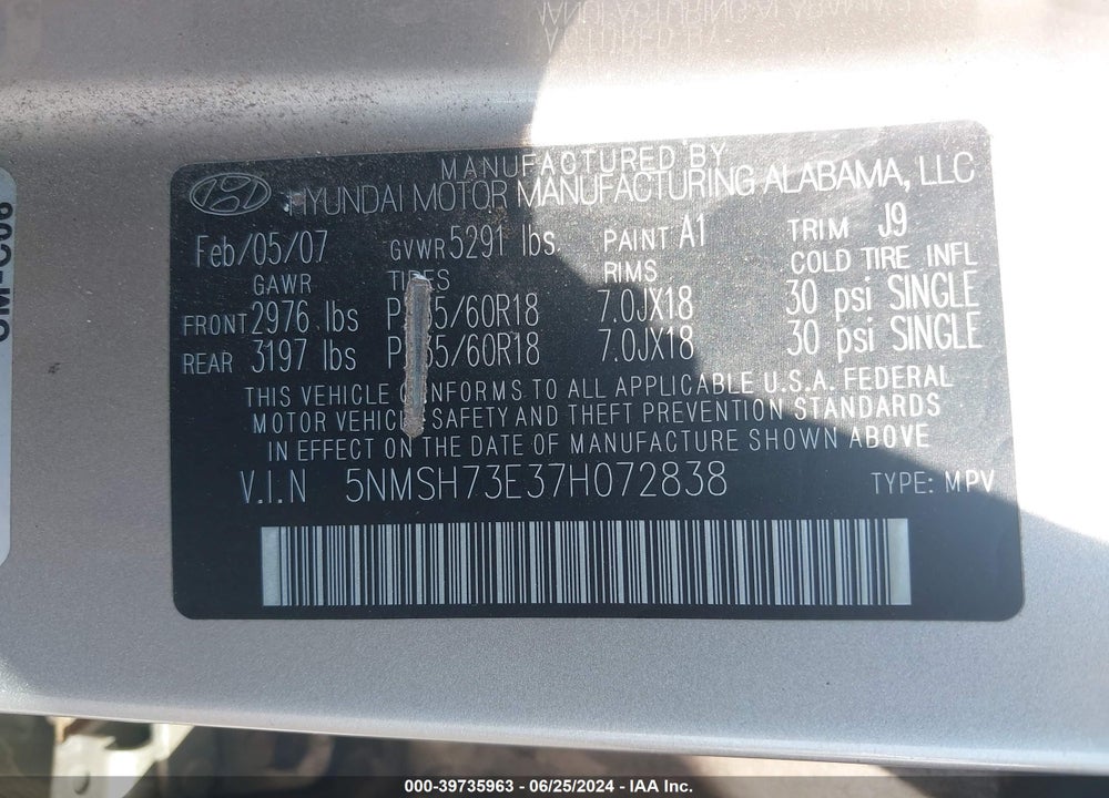 2007 HYUNDAI SANTA FE LIMITED/SE VIN: 5NMSH73E37H072838