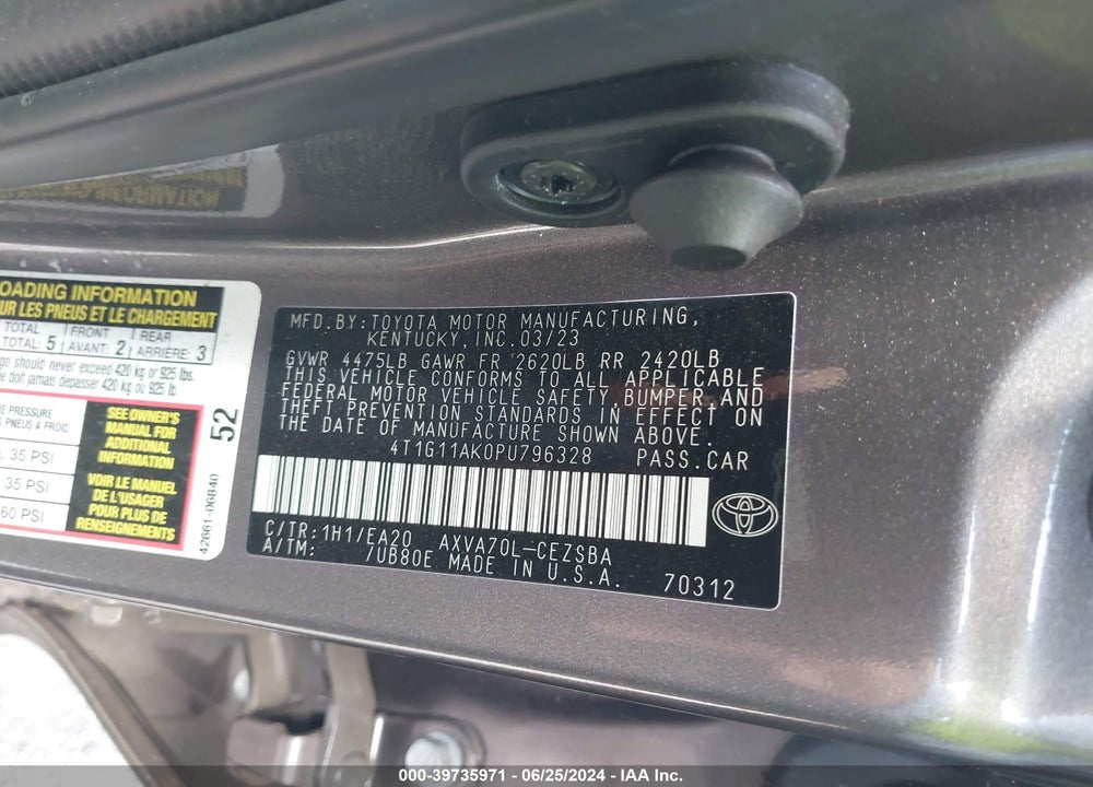 2023 TOYOTA CAMRY SE VIN: 4T1G11AK0PU796328