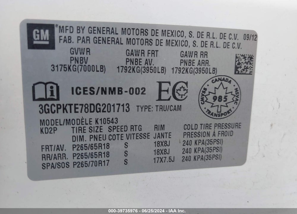 2013 CHEVROLET SILVERADO 1500 LTZ VIN: 3GCPKTE78DG201713