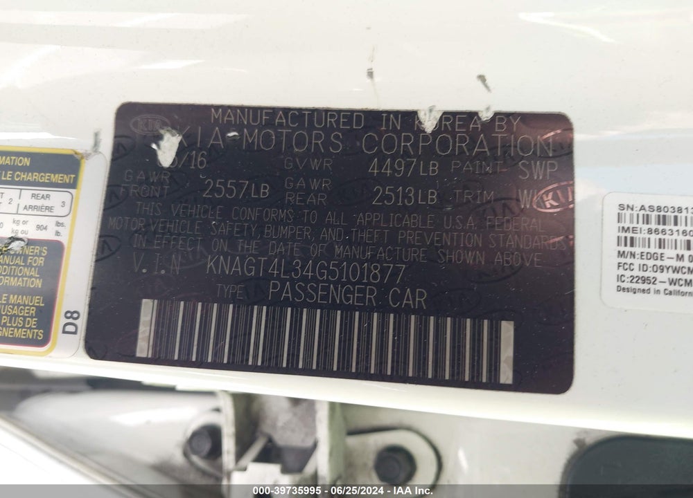 2016 KIA OPTIMA VIN: KNAGT4L34G5101877