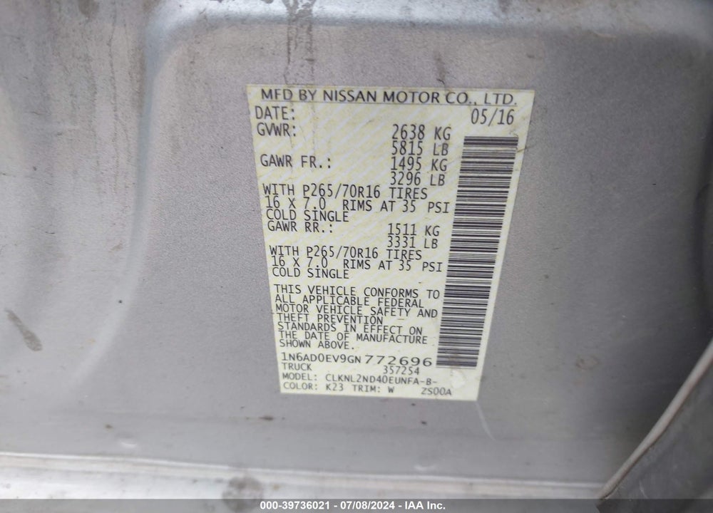 2016 NISSAN FRONTIER SV VIN: 1N6AD0EV9GN772696