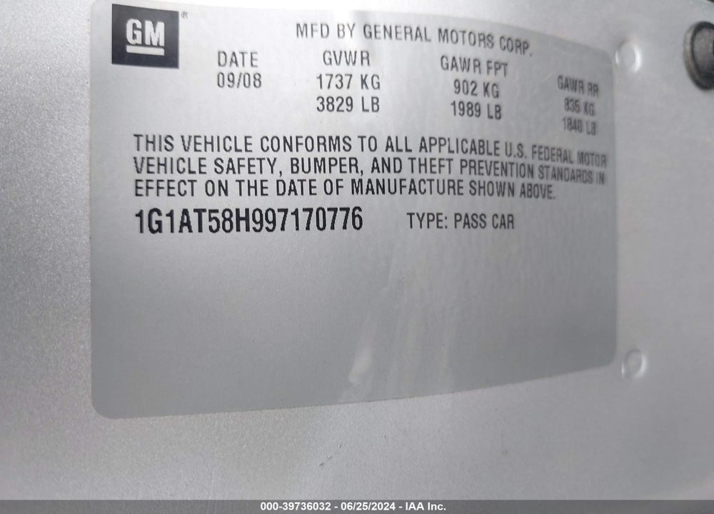 2009 CHEVROLET COBALT LT VIN: 1G1AT58H997170776