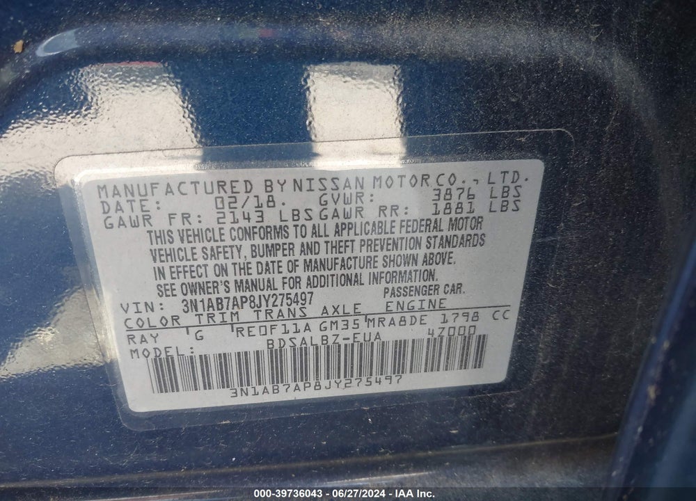 2018 NISSAN SENTRA S VIN: 3N1AB7AP8JY275497