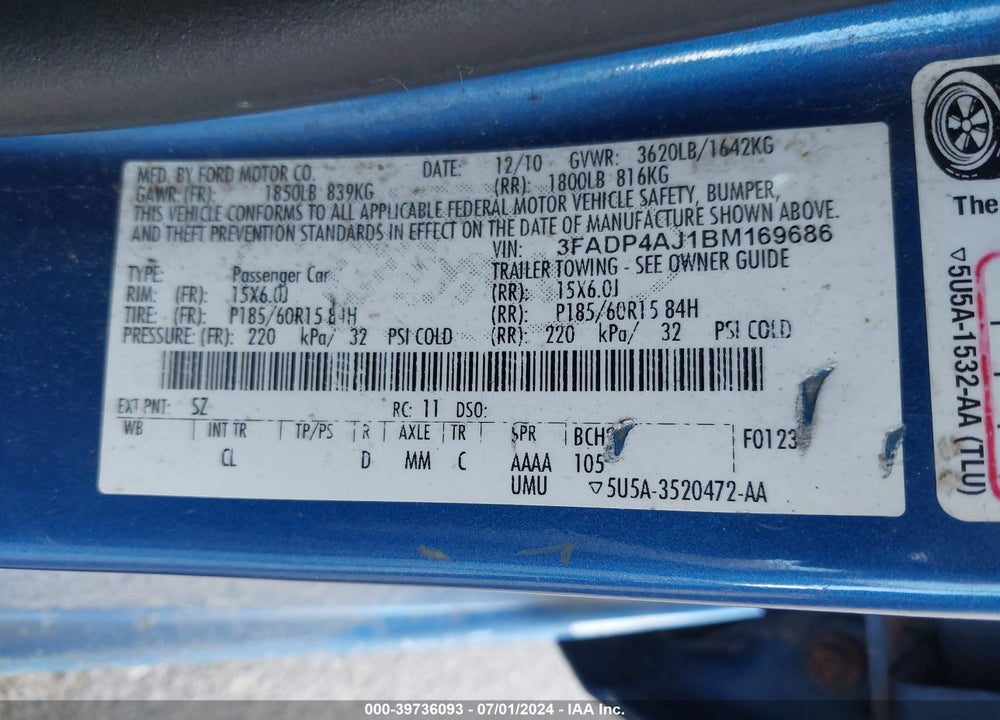 2011 FORD FIESTA S VIN: 3FADP4AJ1BM169686