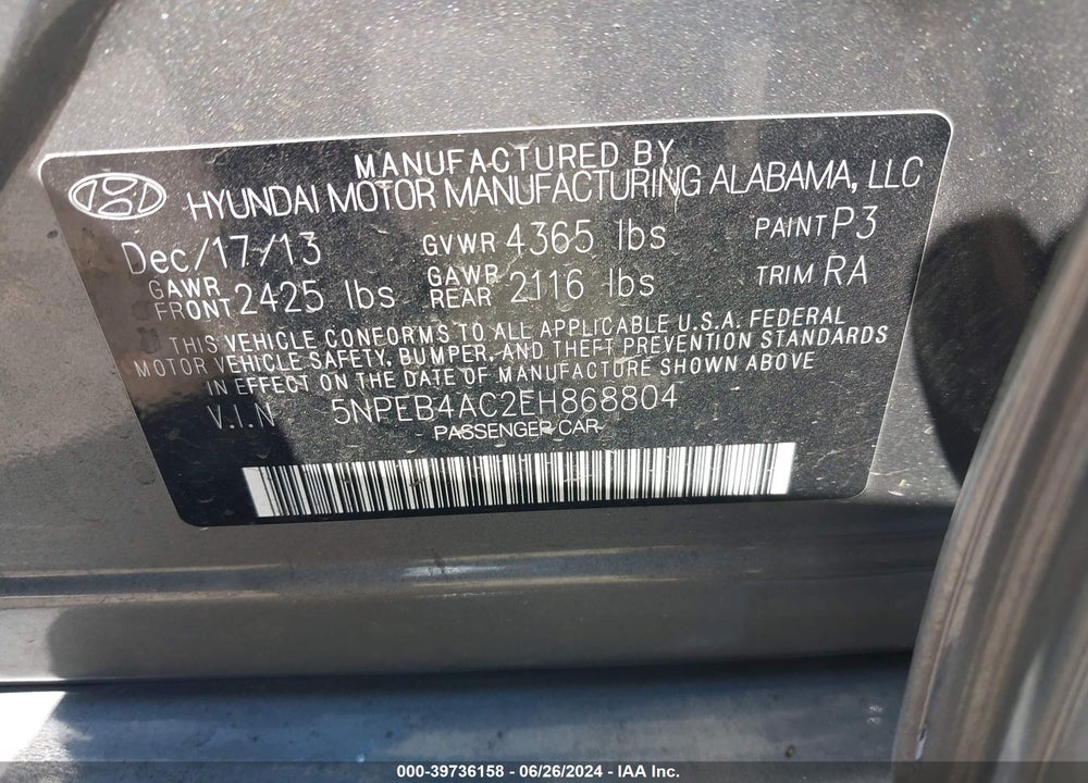 2014 HYUNDAI SONATA GLS VIN: 5NPEB4AC2EH868804