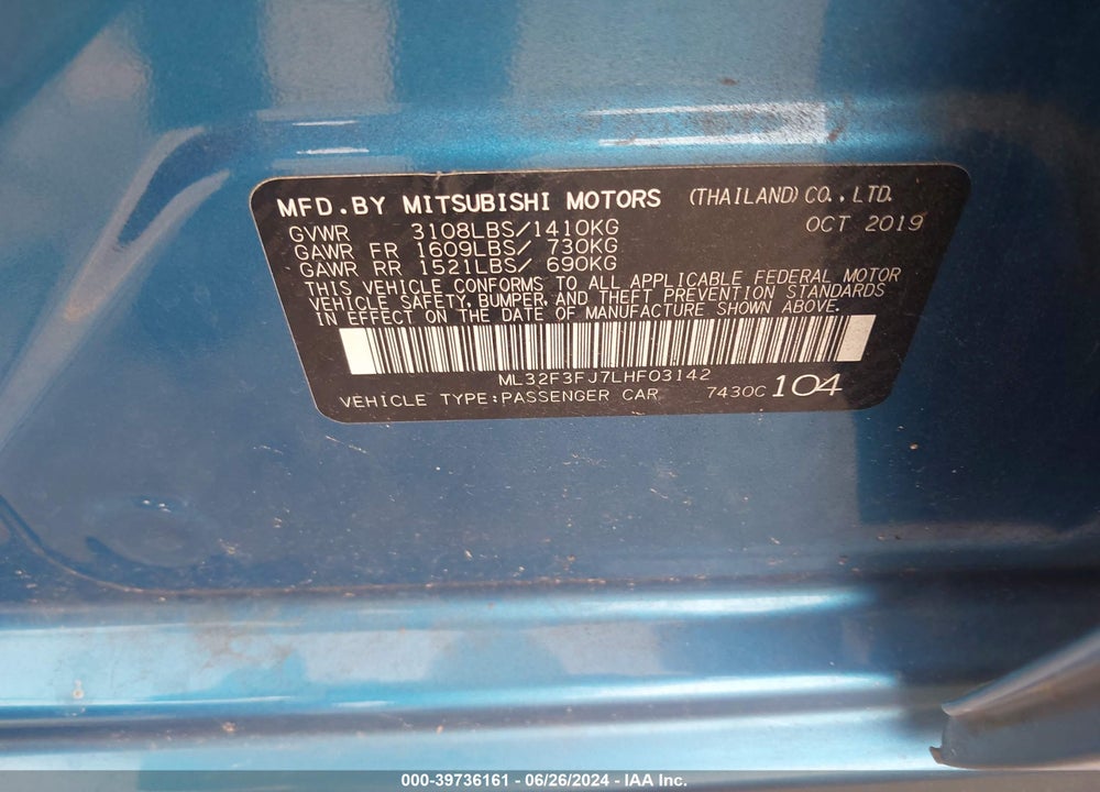 2020 MITSUBISHI MIRAGE G4 VIN: ML32F3FJ7LHF03142