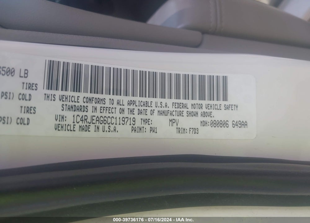 2012 JEEP GRAND CHEROKEE LAREDO VIN: 1C4RJEAG6CC119719