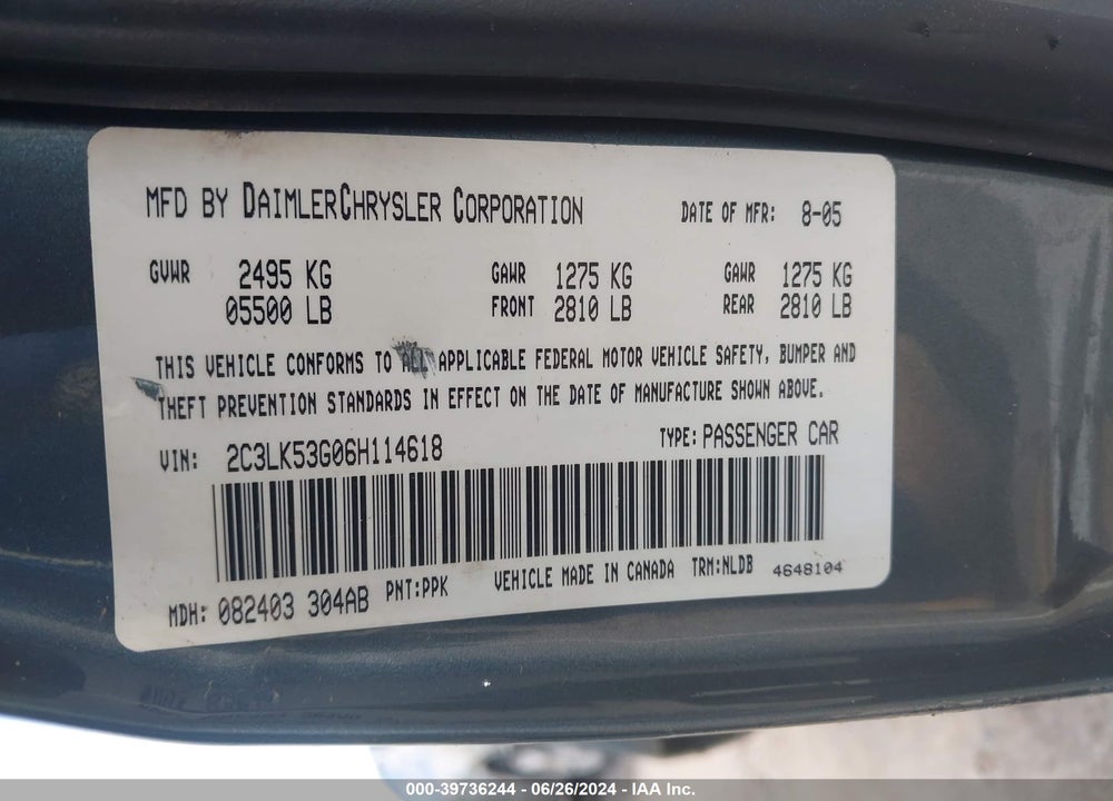 2006 CHRYSLER 300 TOURING VIN: 2C3LK53G06H114618