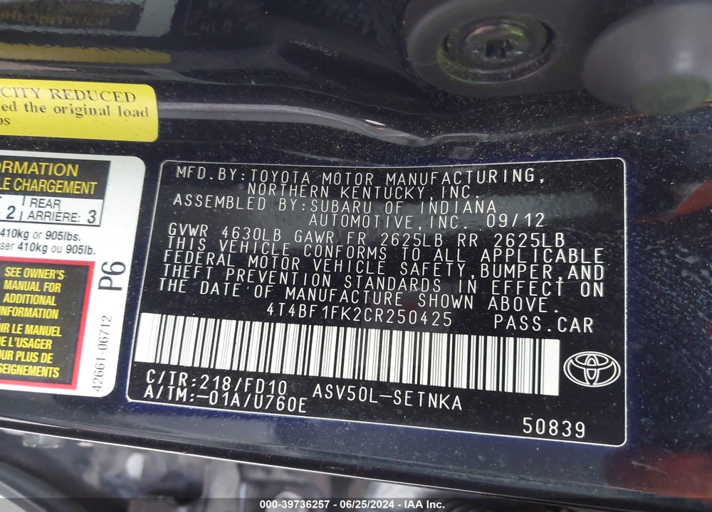 2012 TOYOTA CAMRY LE VIN: 4T4BF1FK2CR250425