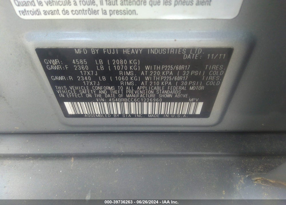 2012 SUBARU OUTBACK 2.5I PREMIUM VIN: 4S4BRBCC6C1226960