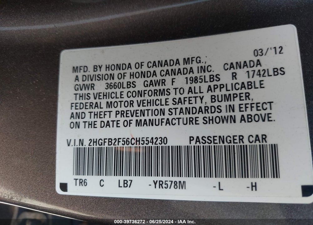 2012 HONDA CIVIC LX VIN: 2HGFB2F56CH554230