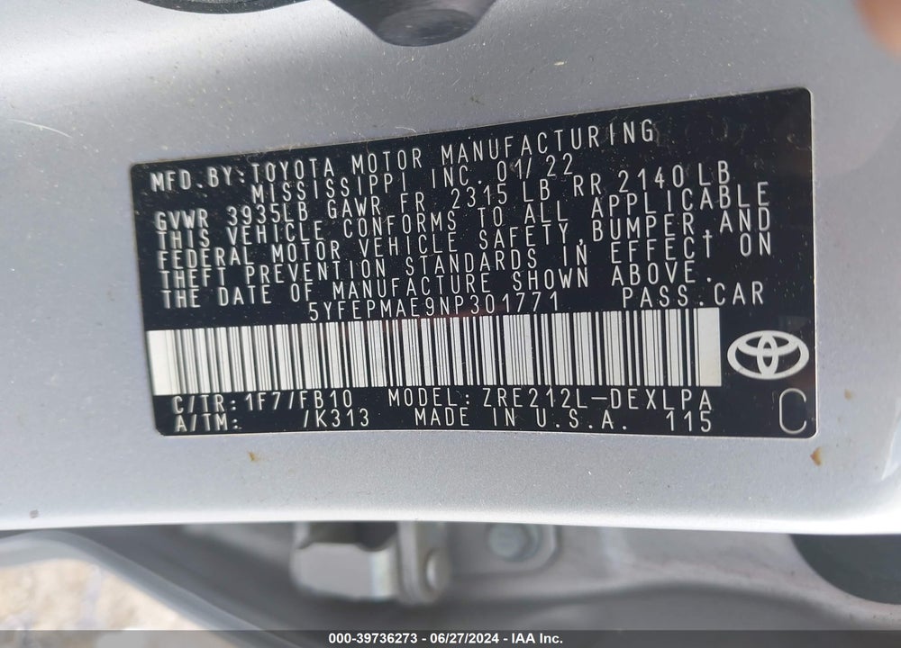 2022 TOYOTA COROLLA LE VIN: 5YFEPMAE9NP301771