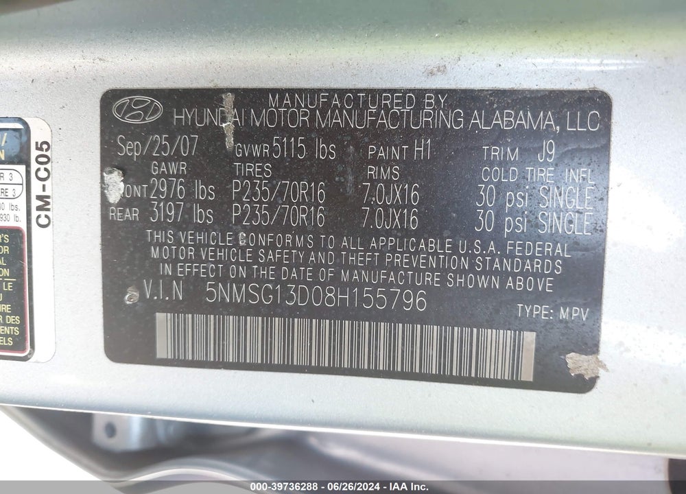 2008 HYUNDAI SANTA FE GLS VIN: 5NMSG13D08H155796