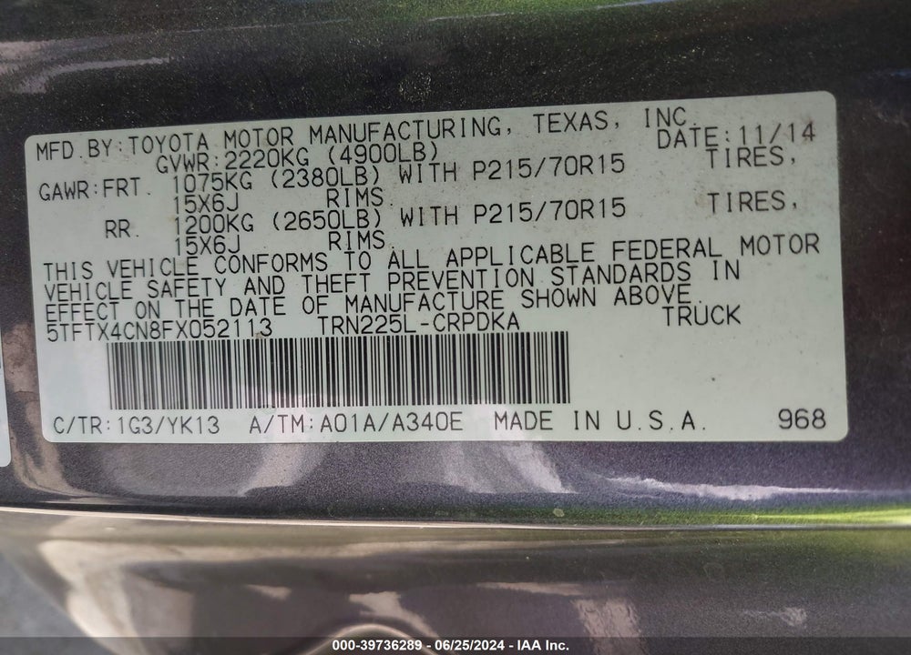 2015 TOYOTA TACOMA VIN: 5TFTX4CN8FX052113