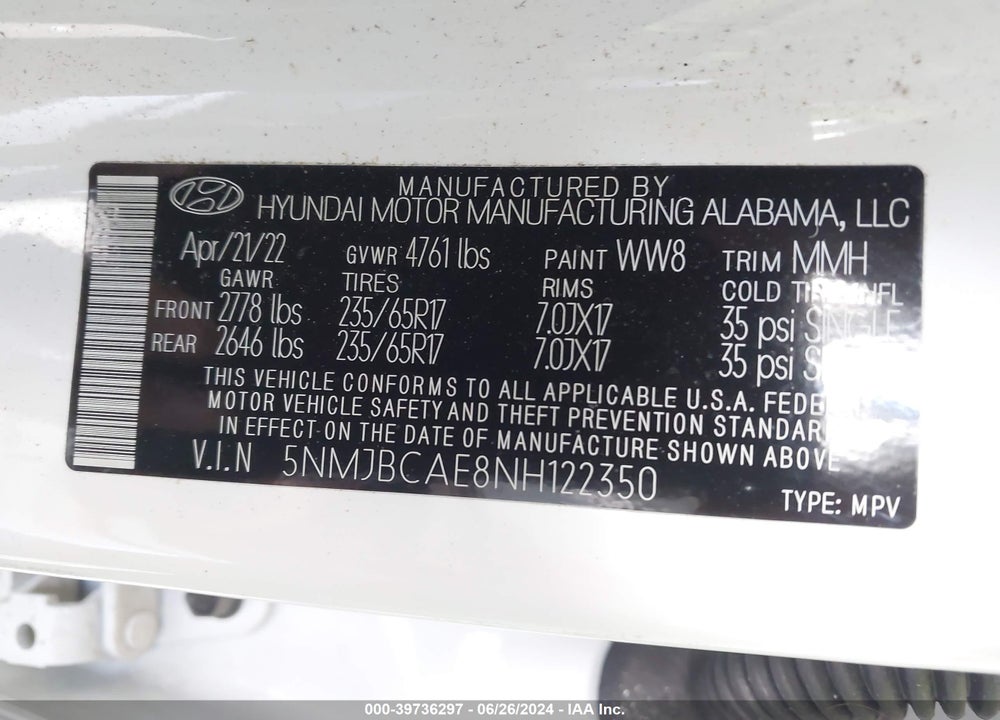 2022 HYUNDAI TUCSON SEL VIN: 5NMJBCAE8NH122350