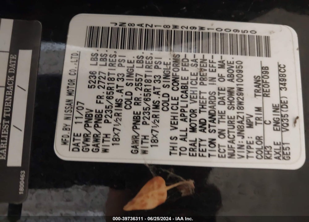 2009 NISSAN MURANO S VIN: JN8AZ18W29W100950