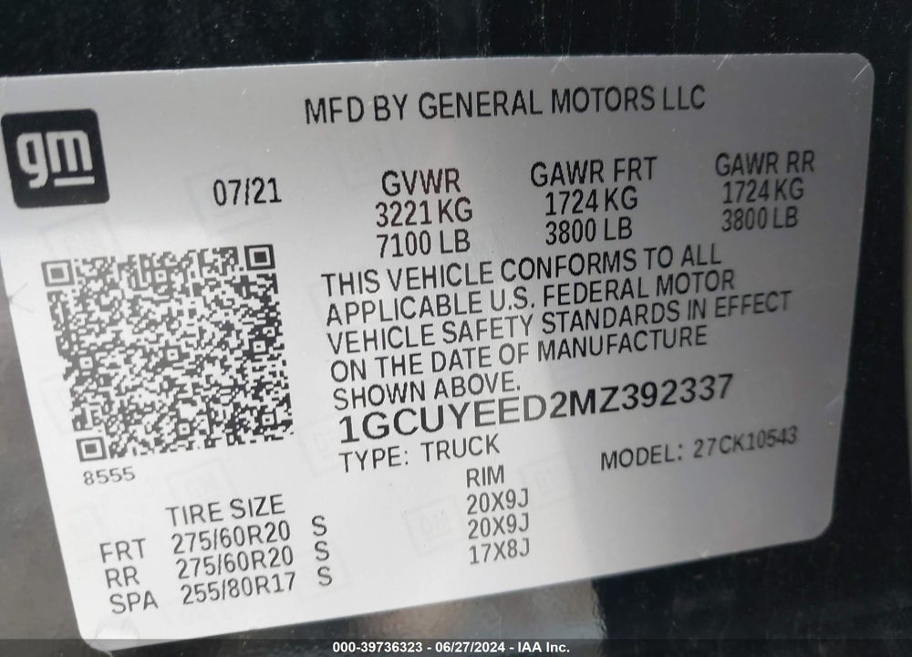2021 CHEVROLET SILVERADO 1500 VIN: 1GCUYEED2MZ392337