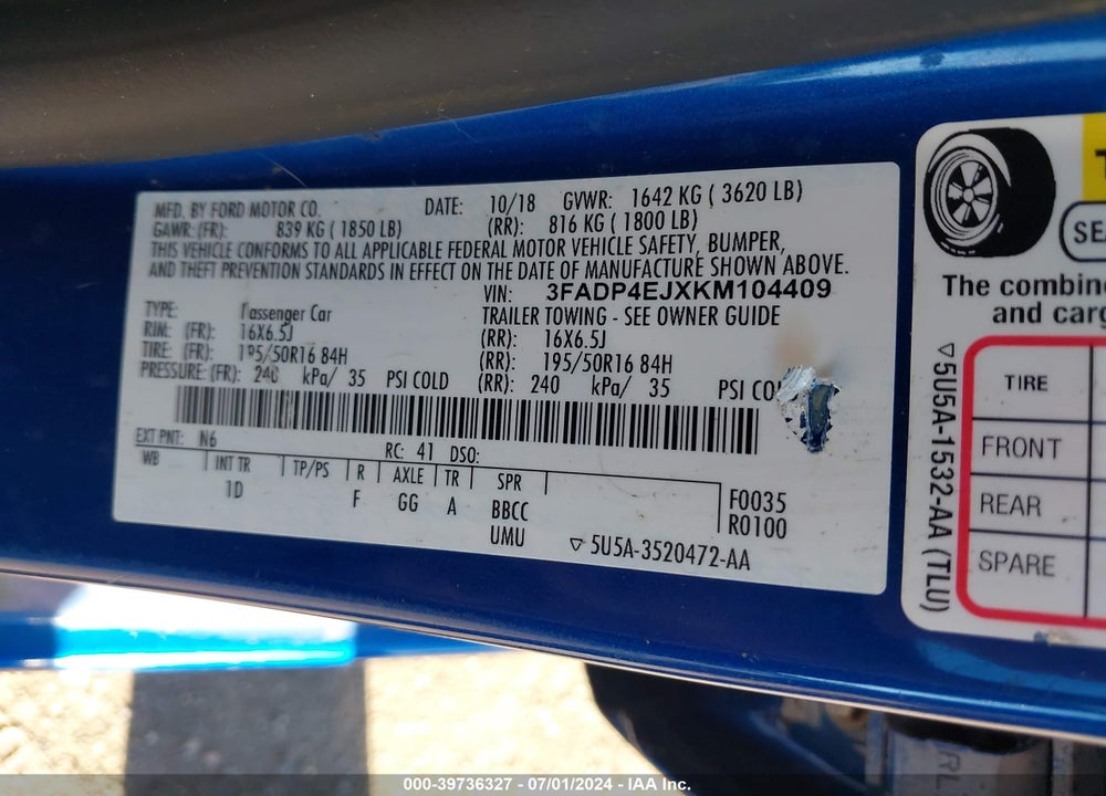 2019 FORD FIESTA SE VIN: 3FADP4EJXKM104409