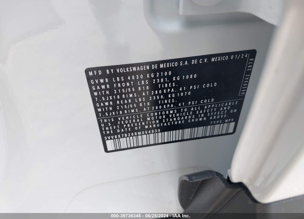 2024 VOLKSWAGEN TAOS 1.5T S VIN: 3VV8X7B26RM054839