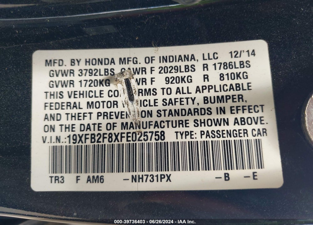 2015 HONDA CIVIC EX VIN: 19XFB2F8XFE025758