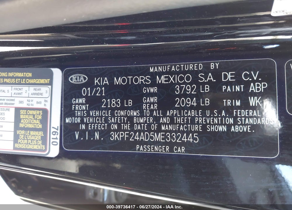 2021 KIA FORTE LXS VIN: 3KPF24AD5ME332445