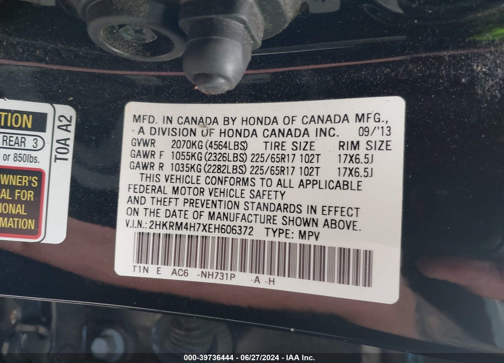 2014 HONDA CR-V EX-L VIN: 2HKRM4H7XEH606372
