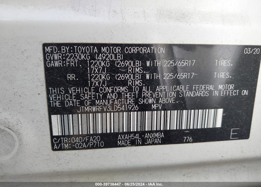 2020 TOYOTA RAV4 HYBRID XLE VIN: JTMRWRFV3LD541926