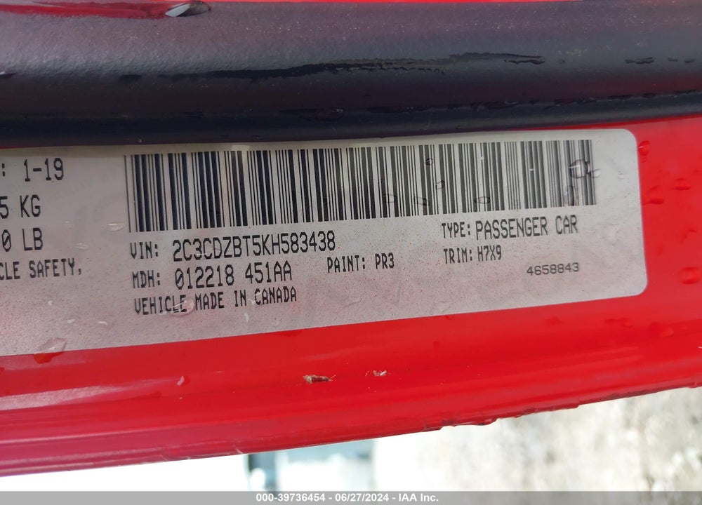 2019 DODGE CHALLENGER R/T VIN: 2C3CDZBT5KH583438