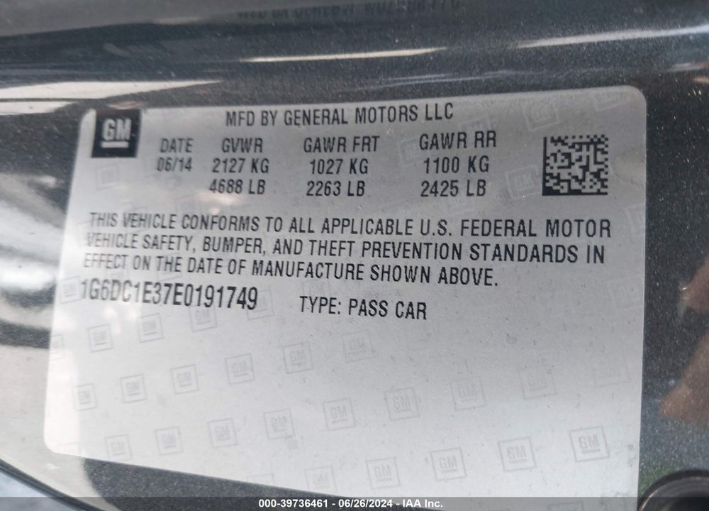 2014 CADILLAC CTS PERFORMANCE VIN: 1G6DC1E37E0191749
