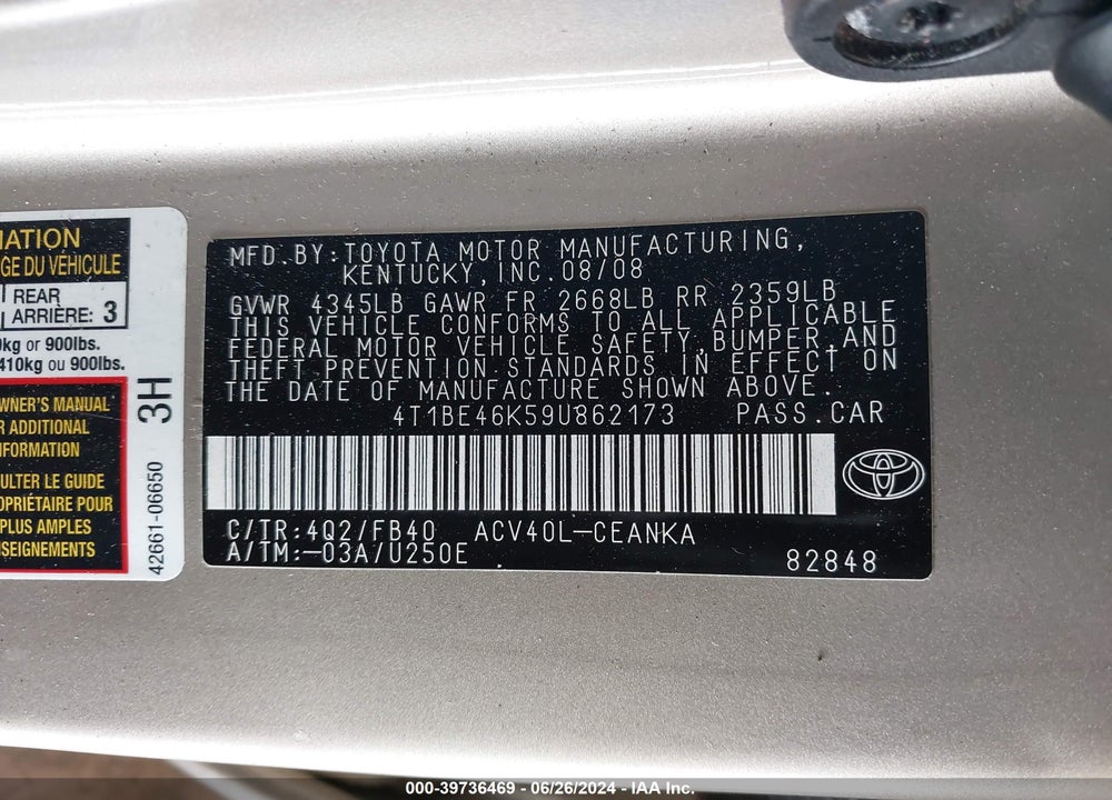 2009 TOYOTA CAMRY LE VIN: 4T1BE46K59U862173