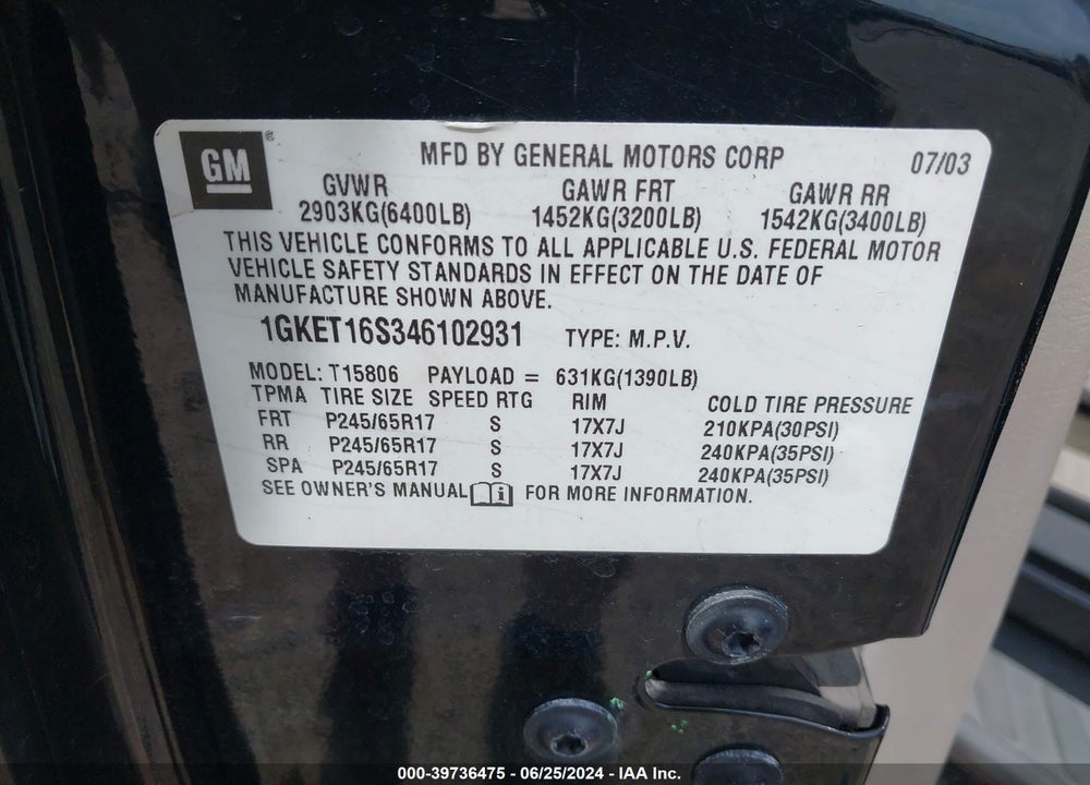 2004 GMC ENVOY XL SLE VIN: 1GKET16S346102931