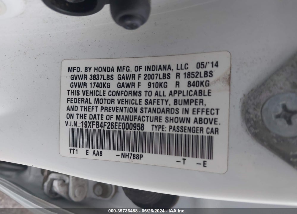2014 HONDA CIVIC HYBRID VIN: 19XFB4F26EE000958