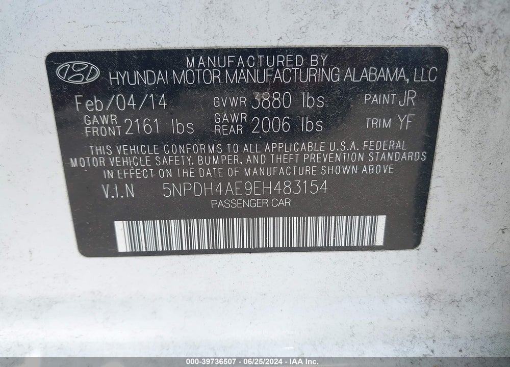 2014 HYUNDAI ELANTRA SE VIN: 5NPDH4AE9EH483154