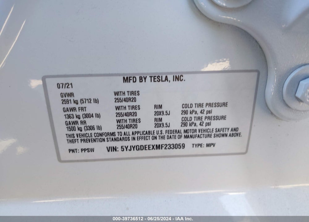 2021 TESLA MODEL Y LONG RANGE DUAL MOTOR ALL-WHEEL DRIVE VIN: 5YJYGDEEXMF233059