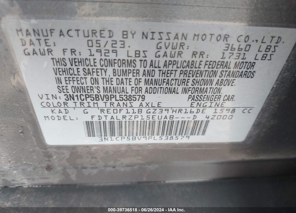 2023 NISSAN KICKS S XTRONIC CVT VIN: 3N1CP5BV9PL538579