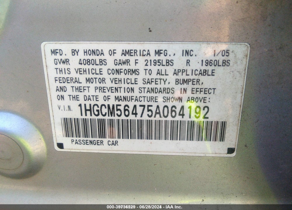2005 HONDA ACCORD 2.4 LX VIN: 1HGCM56475A064192