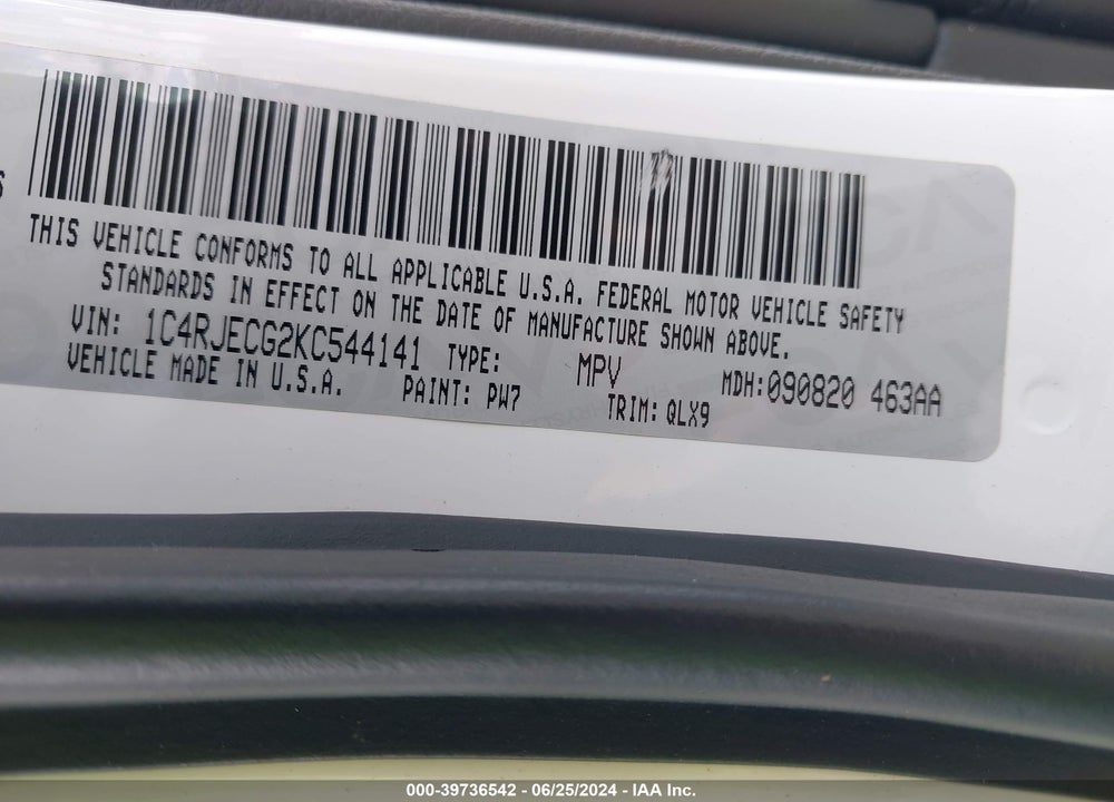 2019 JEEP GRAND CHEROKEE HIGH ALTITUDE 4X2 VIN: 1C4RJECG2KC544141